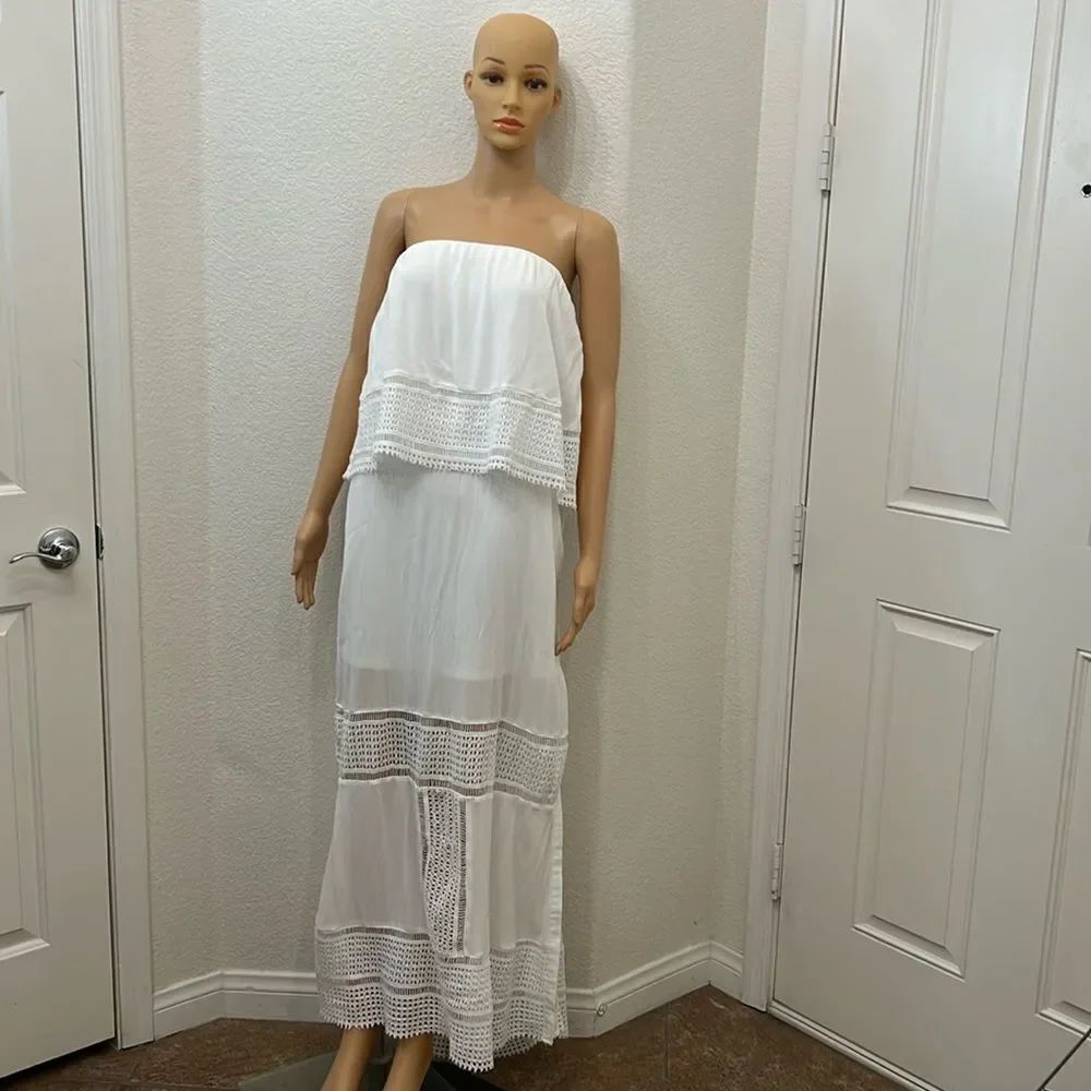 Colleen Lopez Dress Sz Large Strapless White Crotchet Maxi Summer Resort Lined